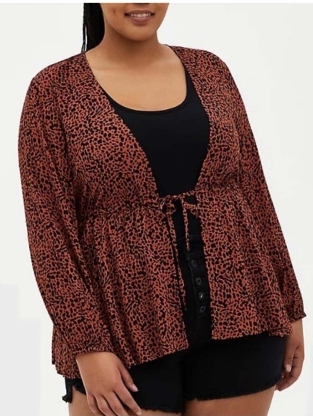 Leopard Print Babydoll Tie-Front Rust Boho Chic Cardigan Kimono